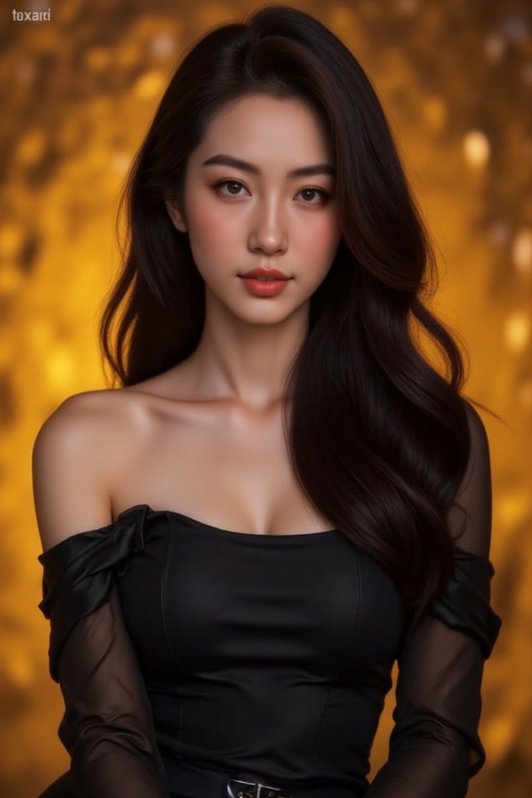 Regal beauty poses confidently against golden-lit backdrop,  soft light framing striking features with subtle smile and pi...
