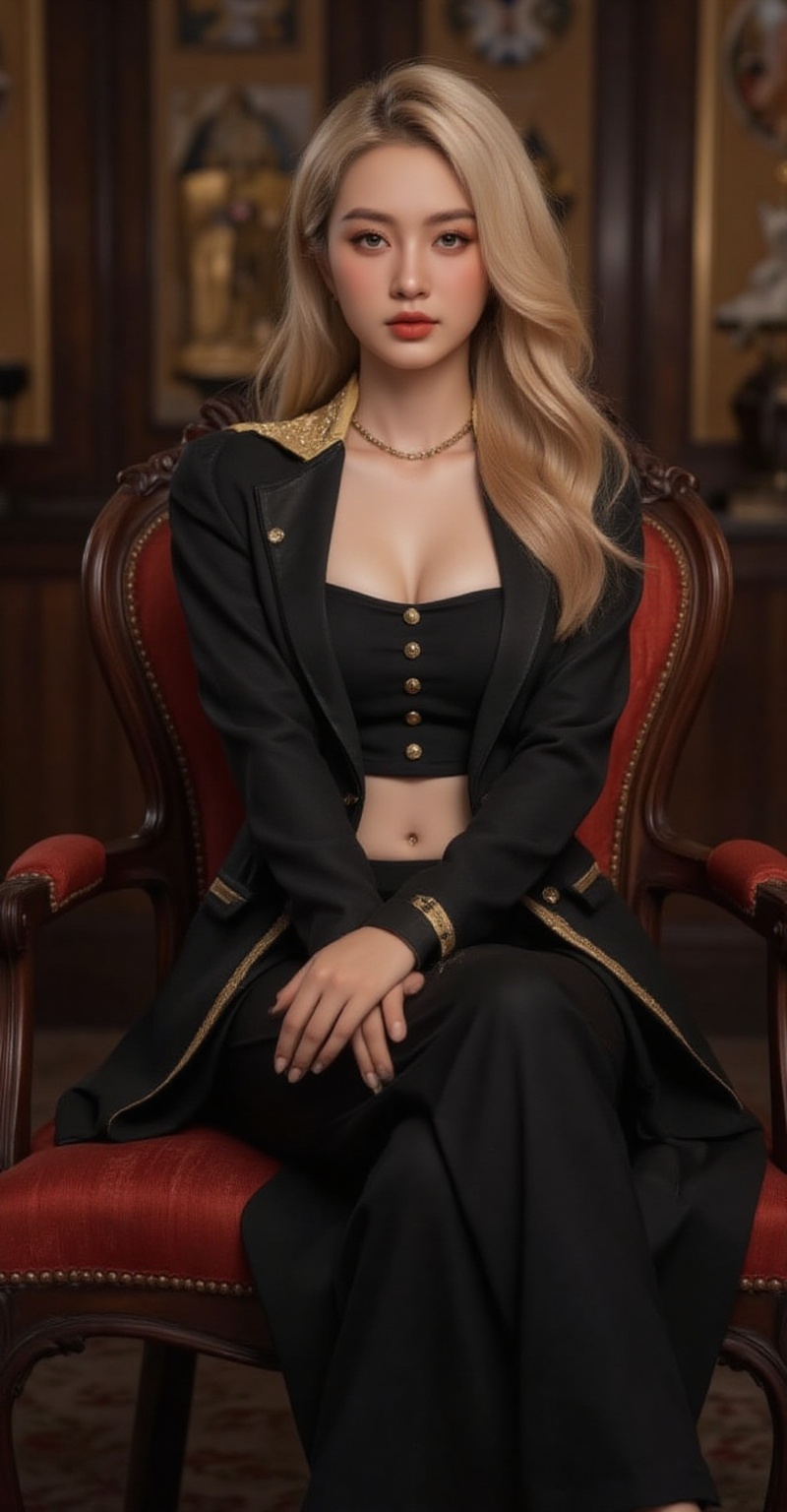 In a majestic,  opulent setting reminiscent of a grand Victorian estate,  a stunning lady sits proudly on Tensor.Art