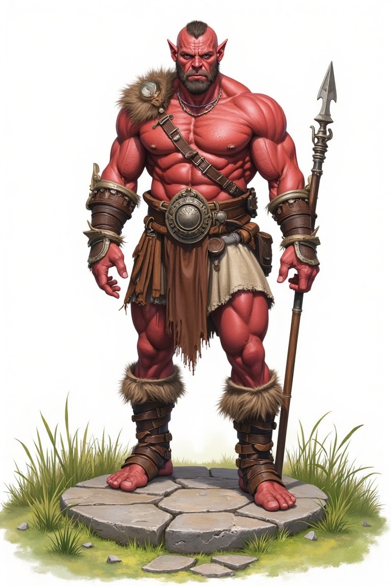 Against a soft white backdrop,  a male Red Skin Orc Shaman stands tall on a round stone pavement,  his robust physique fil...