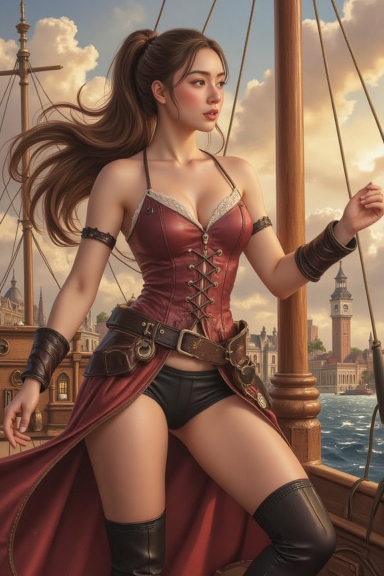 Talia Morgulis,  the 18th century pirate captain,  stands at the prow of her sturdy vessel on Tensor.Art