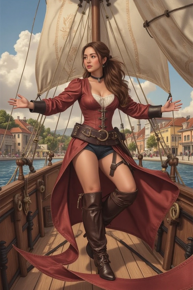 Talia Morgulis,  the 18th century pirate captain,  stands at the prow of her sturdy vessel on Tensor.Art