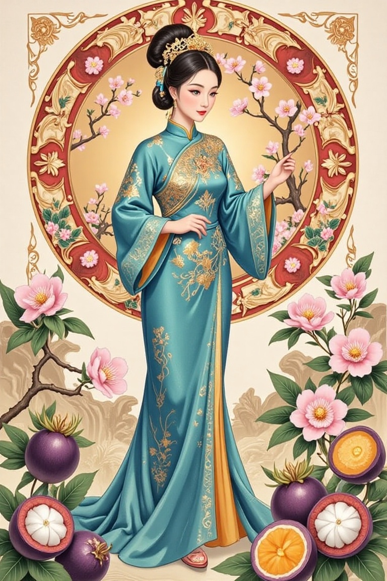 A beautiful woman wearing a traditional turquoise green gown with golden embroidery stands in the center of a circular bac...