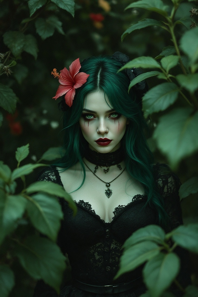 masterwork portrait photograph of a gorgeous goth girl with dark green hair and goth makeup,  she is wearing a black lace...
