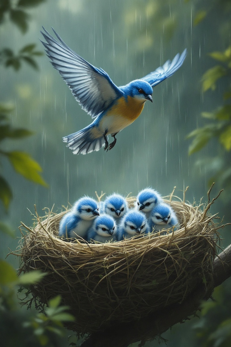 highly detailed,  realistic digital illustration depicting a scene of a family of bluebirds in a nest. The main subject is...