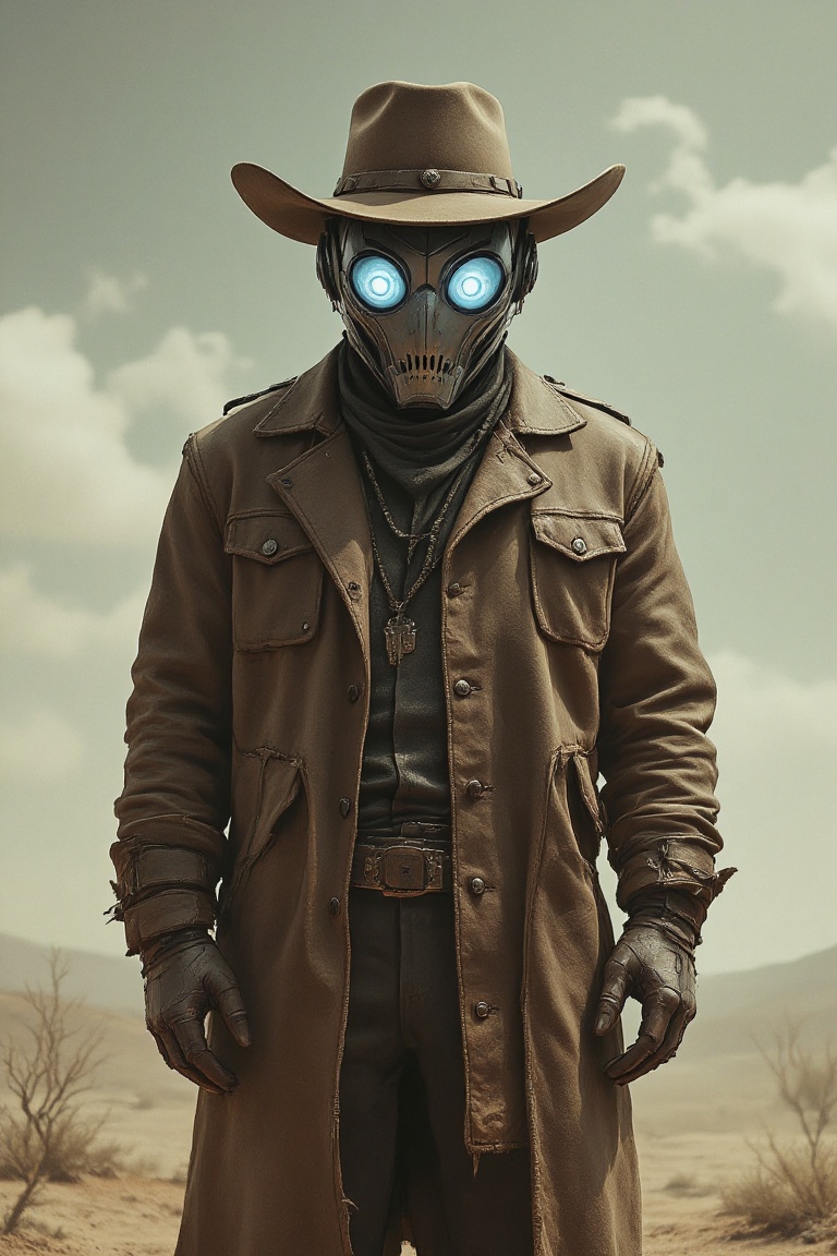 SentinelBot. This is a digitally rendered photograph featuring a futuristic cowboy in an expansive,  desolate landscape. T...