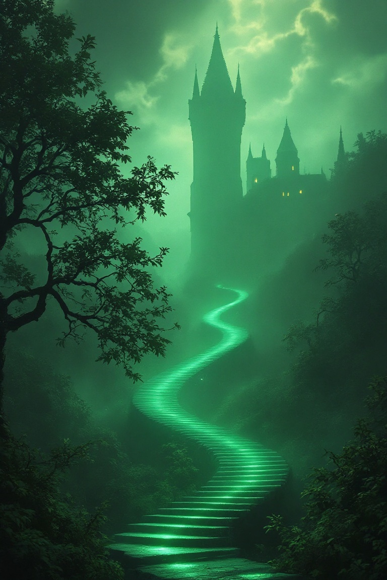 The Emerald Road,  Image of a neverending staircase up to the sky,  castle on Tensor.Art