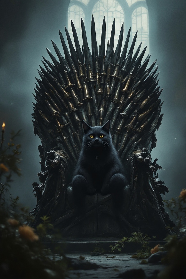 A majestic and dramatic scene featuring the iconic throne from Game of Thrones,  crafted from countless swords,  with a no...