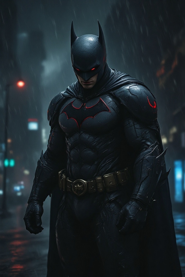 high-resolution digital artwork featuring a character dressed as Batman,  standing in a rainy urban street. The character...
