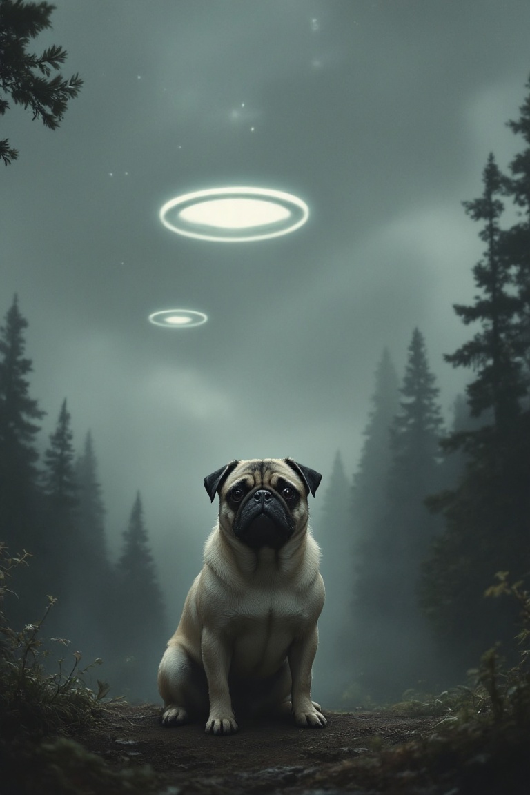 manipulated photograph featuring a pug dog in the foreground. The pug,  with its wrinkled face and expressive eyes,  is lo...