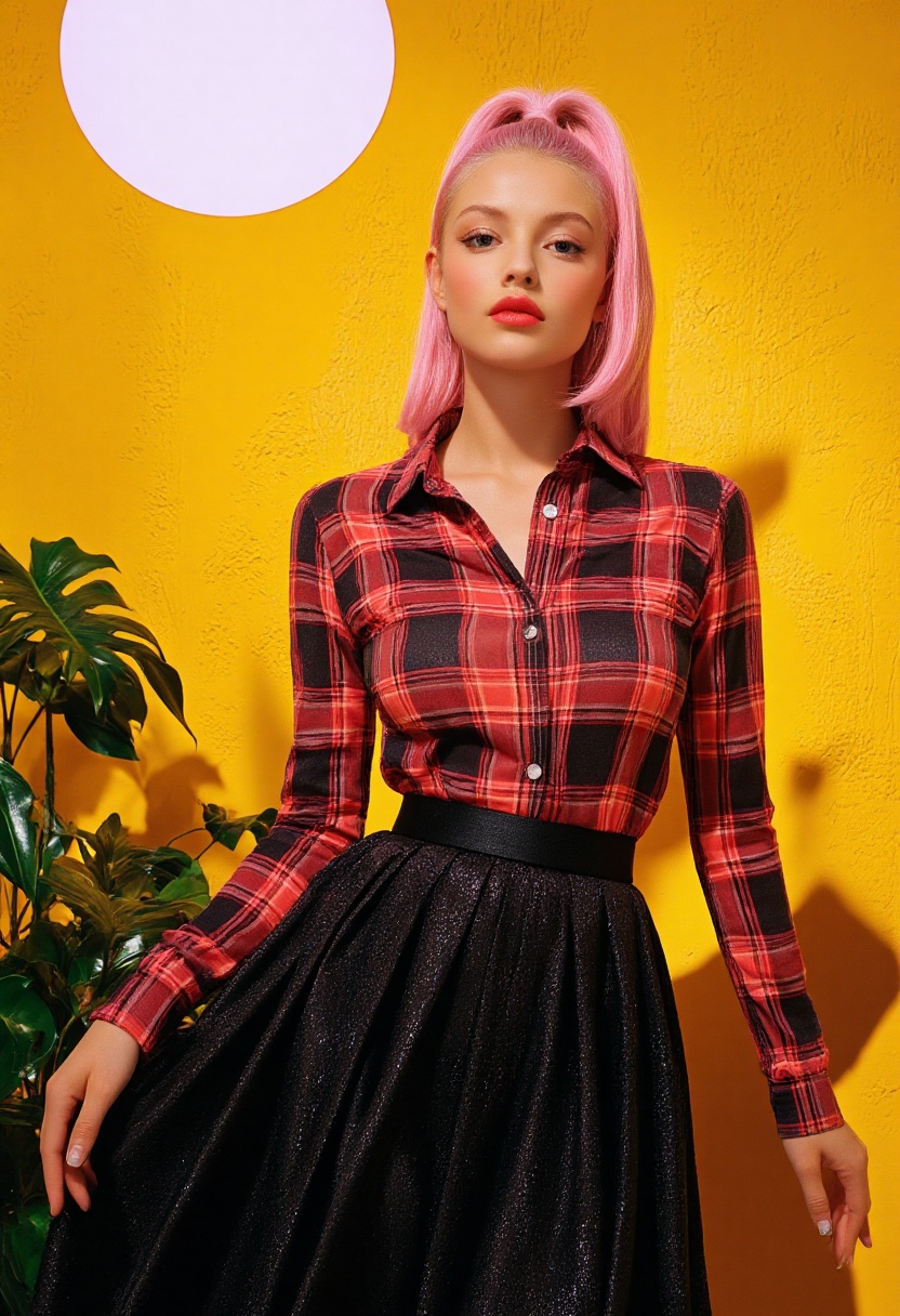 An avant garde fashion still portraying a young woman with a magnetic presence,  featuring sleek,  vibrant pink hair style...