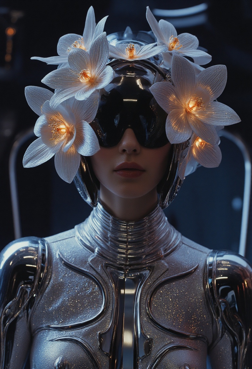 In style of Hans Ruedi Giger + Alphonse Maria Mucha,  where Giger's biomechanical textures create the sleek,  organic exos...