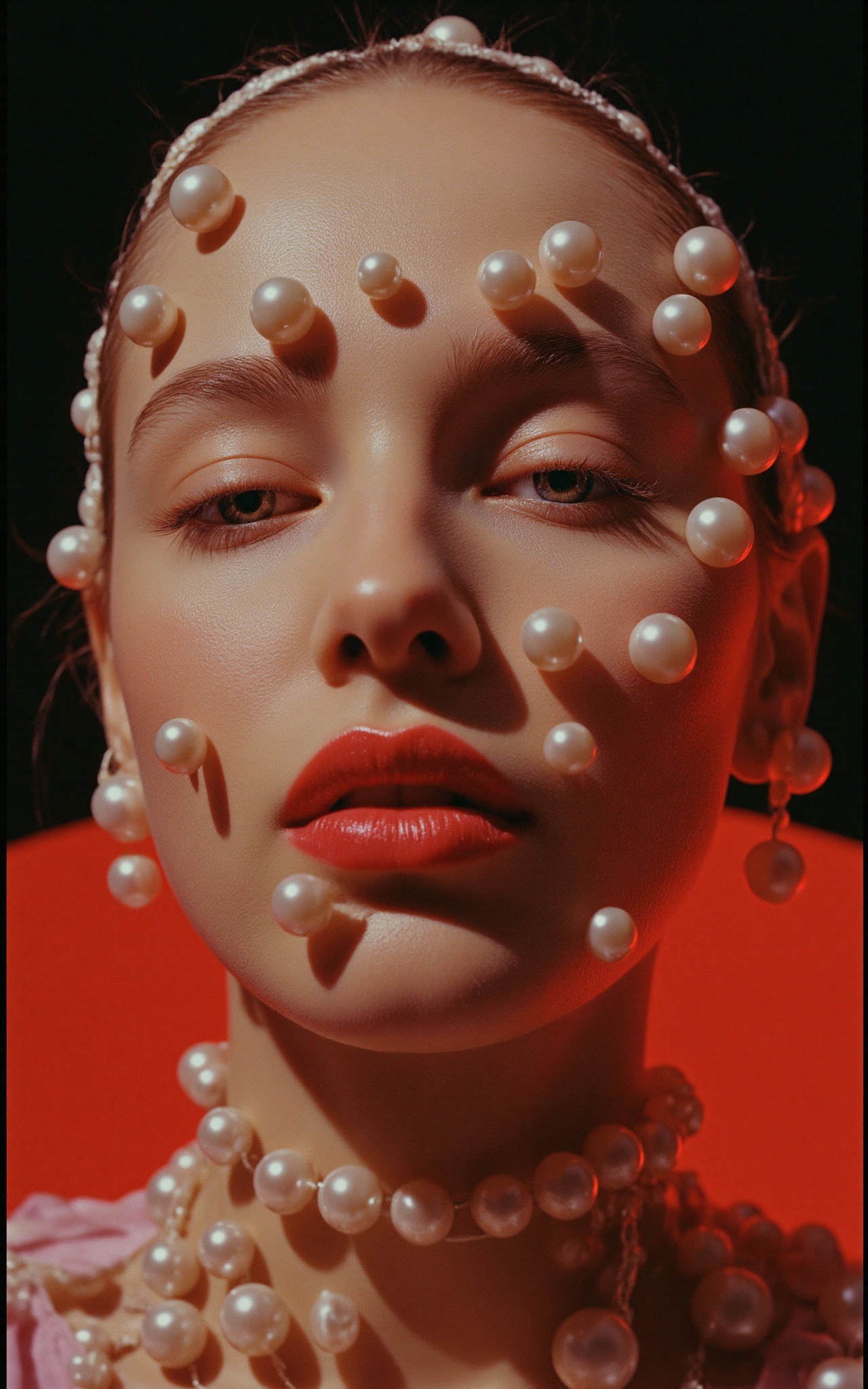 A highly stylized,  close-up photograph of a woman's face,  featuring light on Tensor.Art