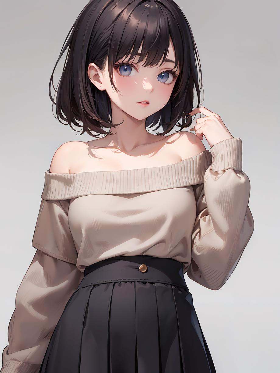 simple background,  off-shoulder sweater,  skirt on Tensor.Art
