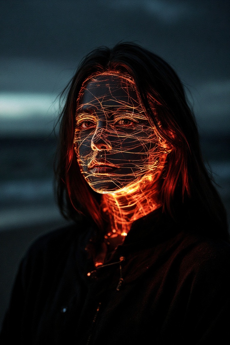 A highly detailed cinematic photography. Light Trails Photography by Aaron Siskind and Farah Mahbub of a person with head...