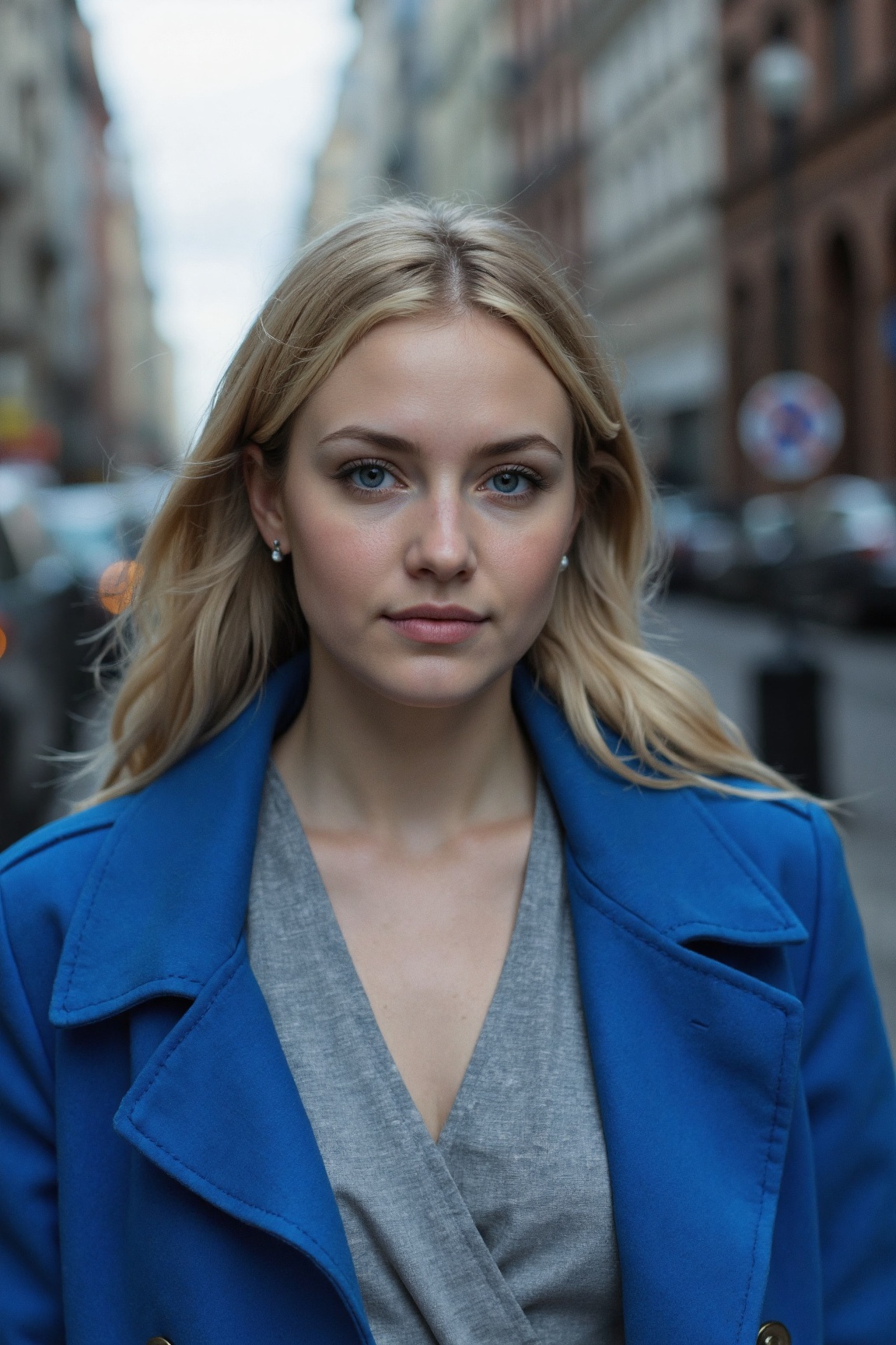 A close-up photo of a person. The subject is a woman. She wore a blue coat with a gray dress underneath. She has blue eyes...