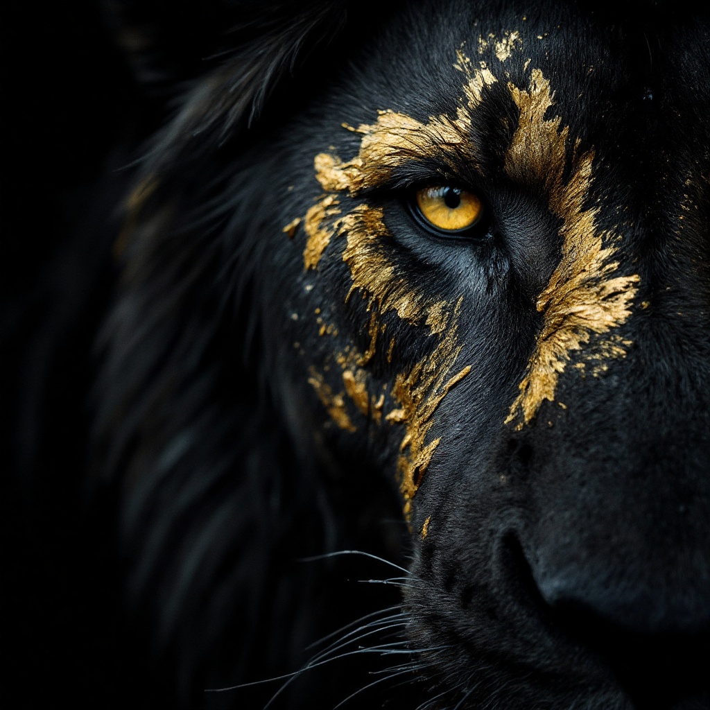 The extreme macro photo captures a fearsome black lion's left eye,  bathed in a dark and inky contrast. Its piercing pure...
