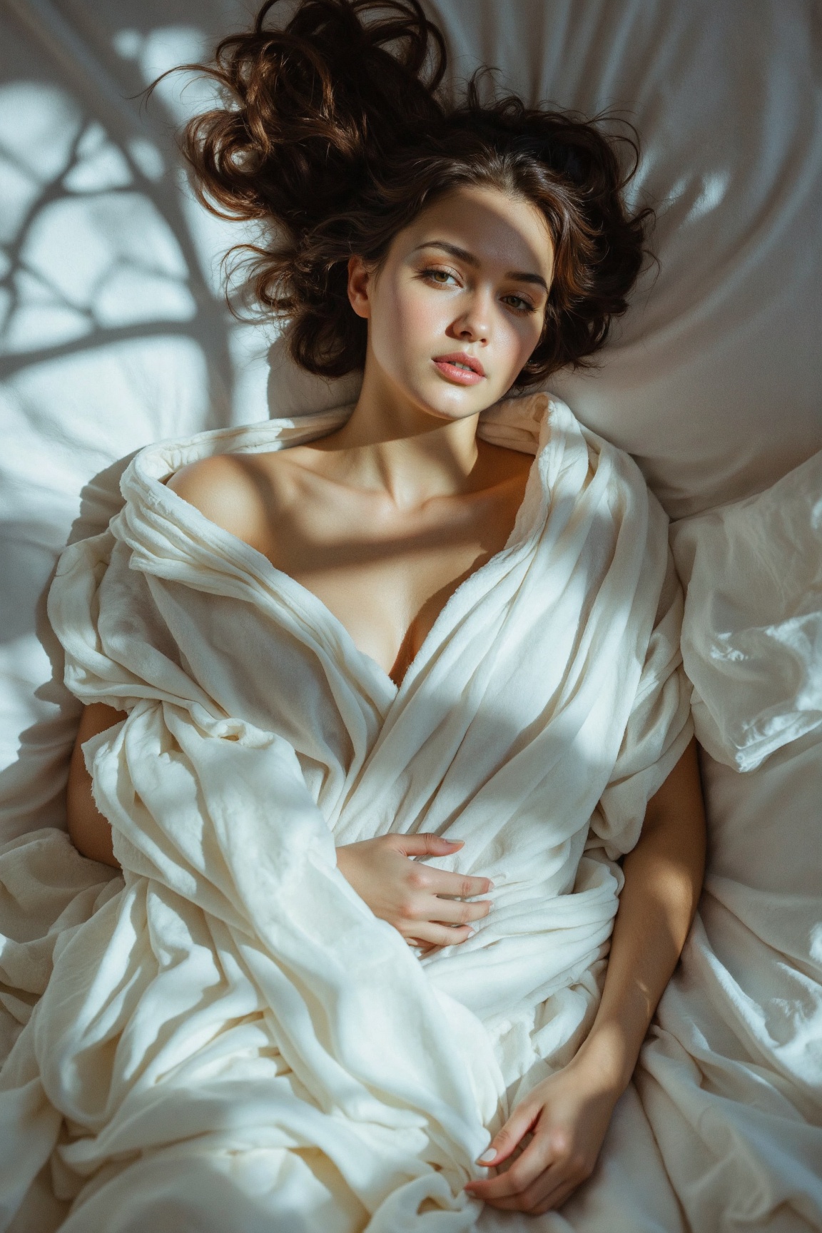 A top down artistic photograph of a woman laying in soft white blankets. the shadow of a treebranch stretches across the b...