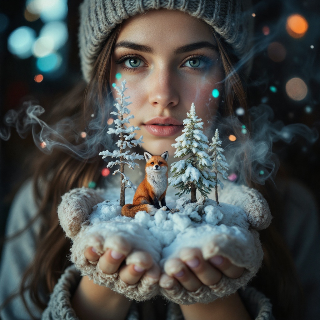 Double exposure,  close-up of her hands in mittens,  smoke is very thick in the hands of a beautiful woman wearing a woole...