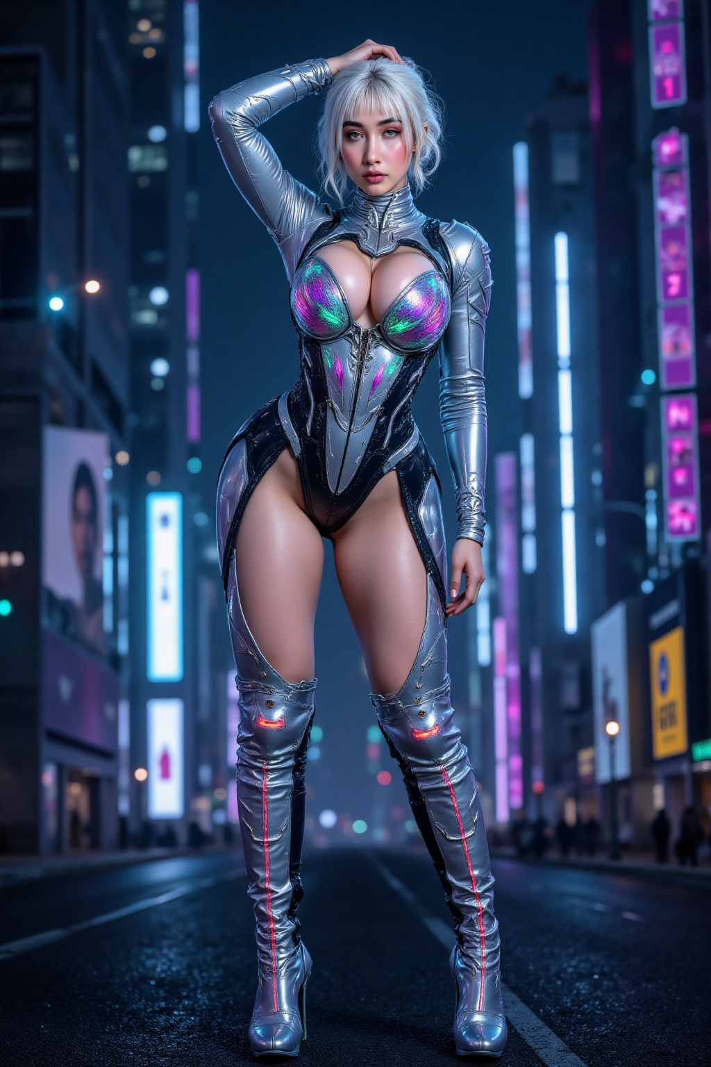 A tall Korean idol with extreme white pale skin,  long legs,  and a statuesque figure. She is dressed in a futuristic on T...