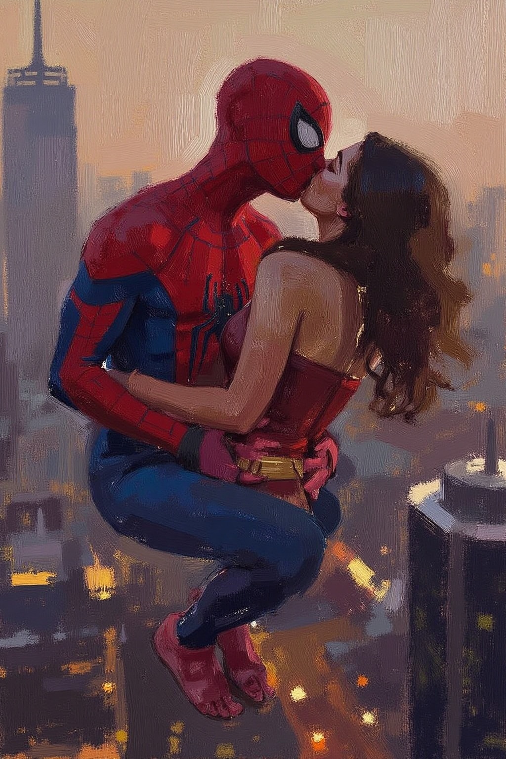 oil portraitz Spider-man and Wonder Woman,  kissing,  floating above Shanghai on Tensor.Art
