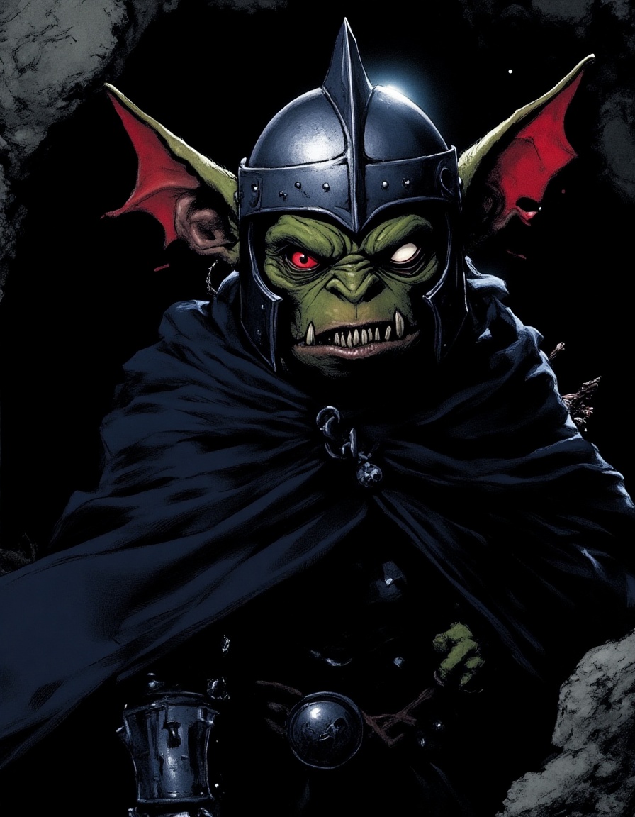 a diminutive frightening dark-green skin goblin in an iron helmet standing in front of the dark entrance to a deep cave,...