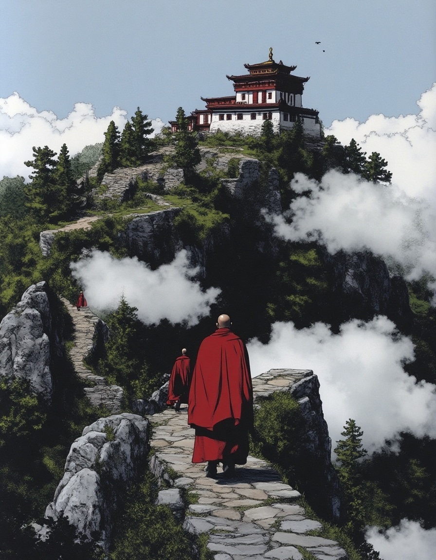 illustration of a mountaintop monastery shrouded in clouds,  with monks moving silently along stone paths on Tensor.Art