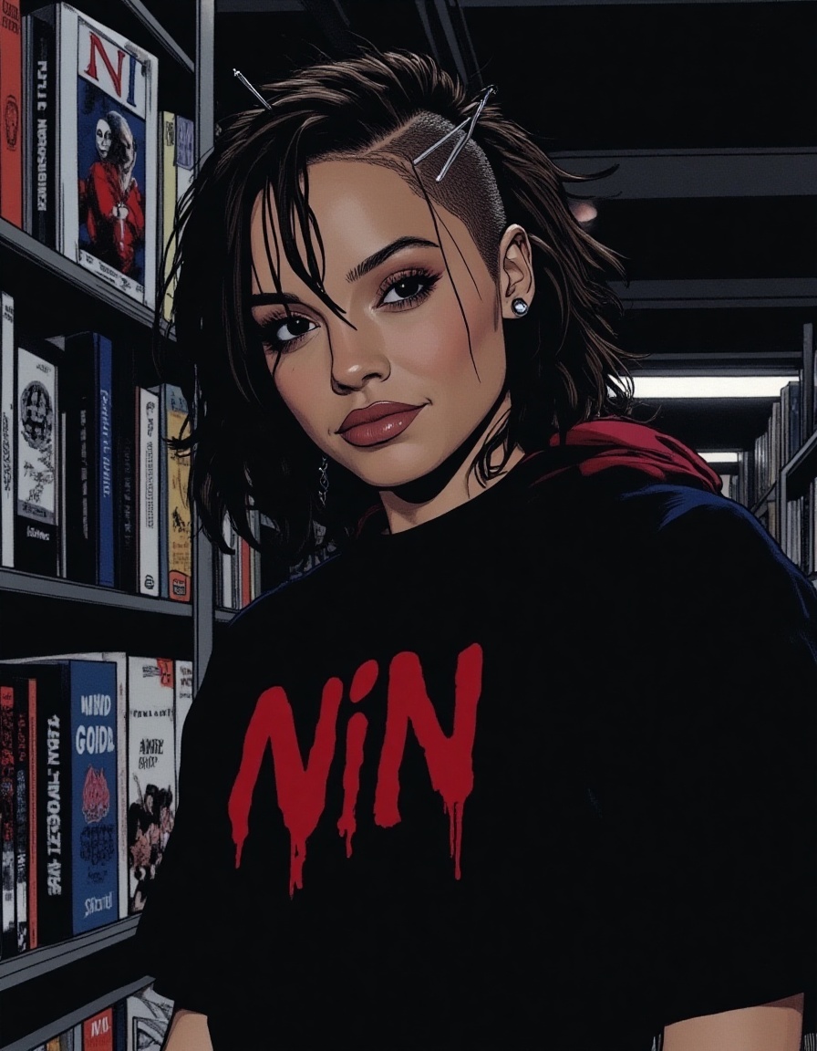 moody portrait illustration of a skinny punk rock girl in 1996 in a Newbury Comics shop,  half-shaved head and ears pierce...