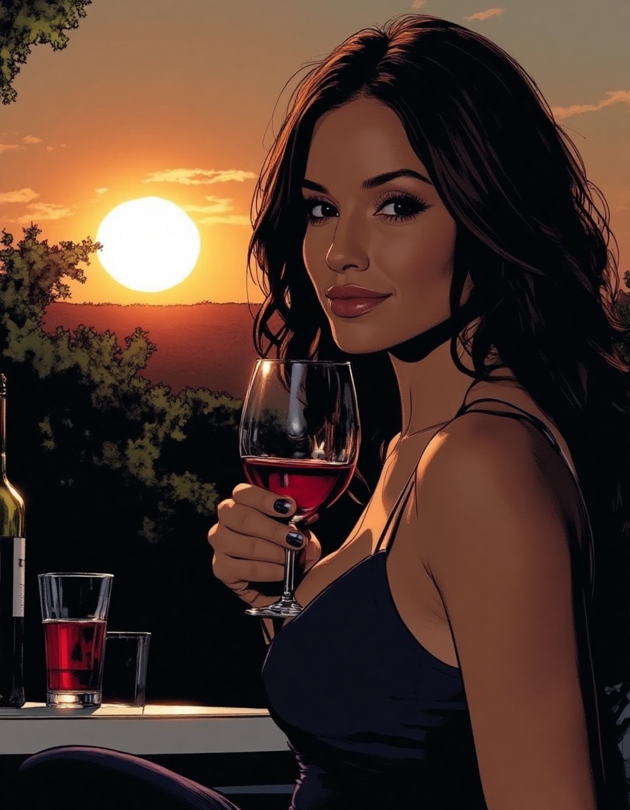 a beautiful model with a glass of wine outdoor scene with a setting sun,  detailed illustration on Tensor.Art
