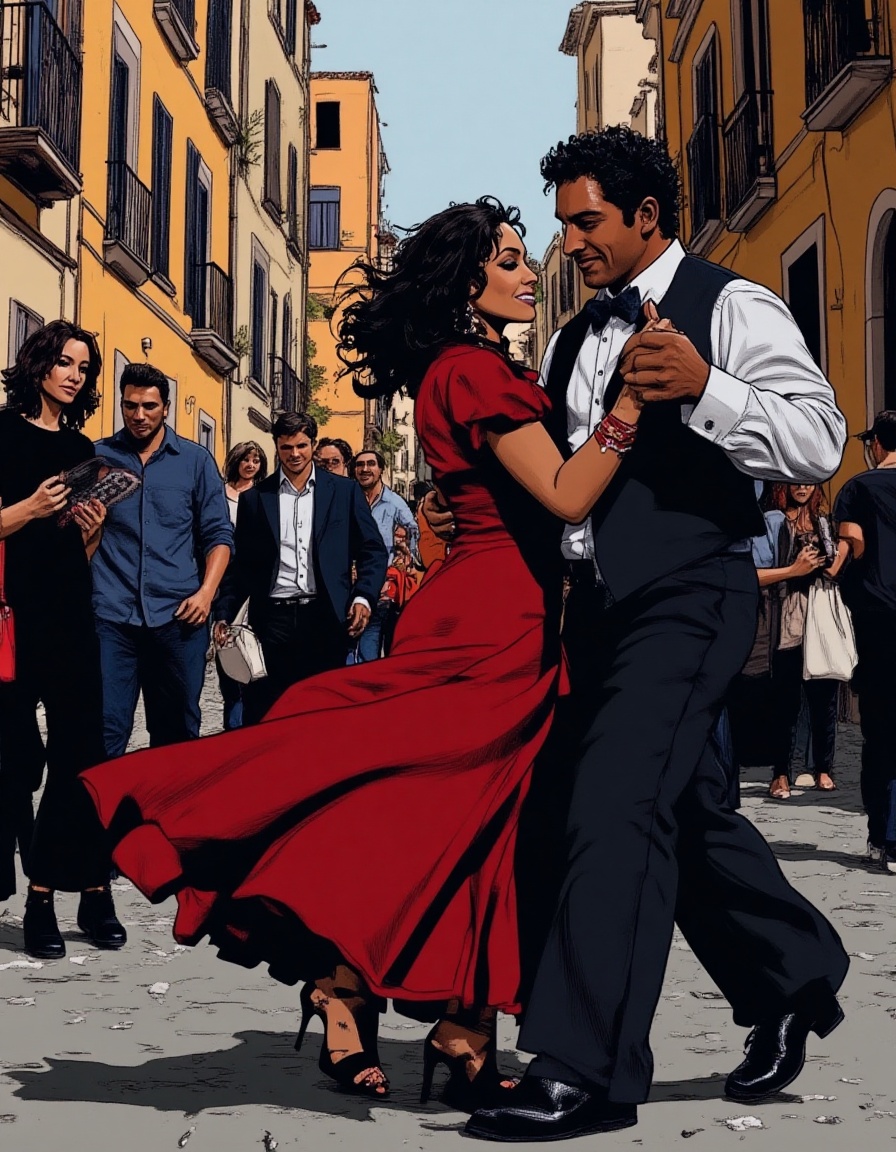 illustration of a lively flamenco dance in the streets of Seville with the sound of castanets and the stomp of heels on Te...