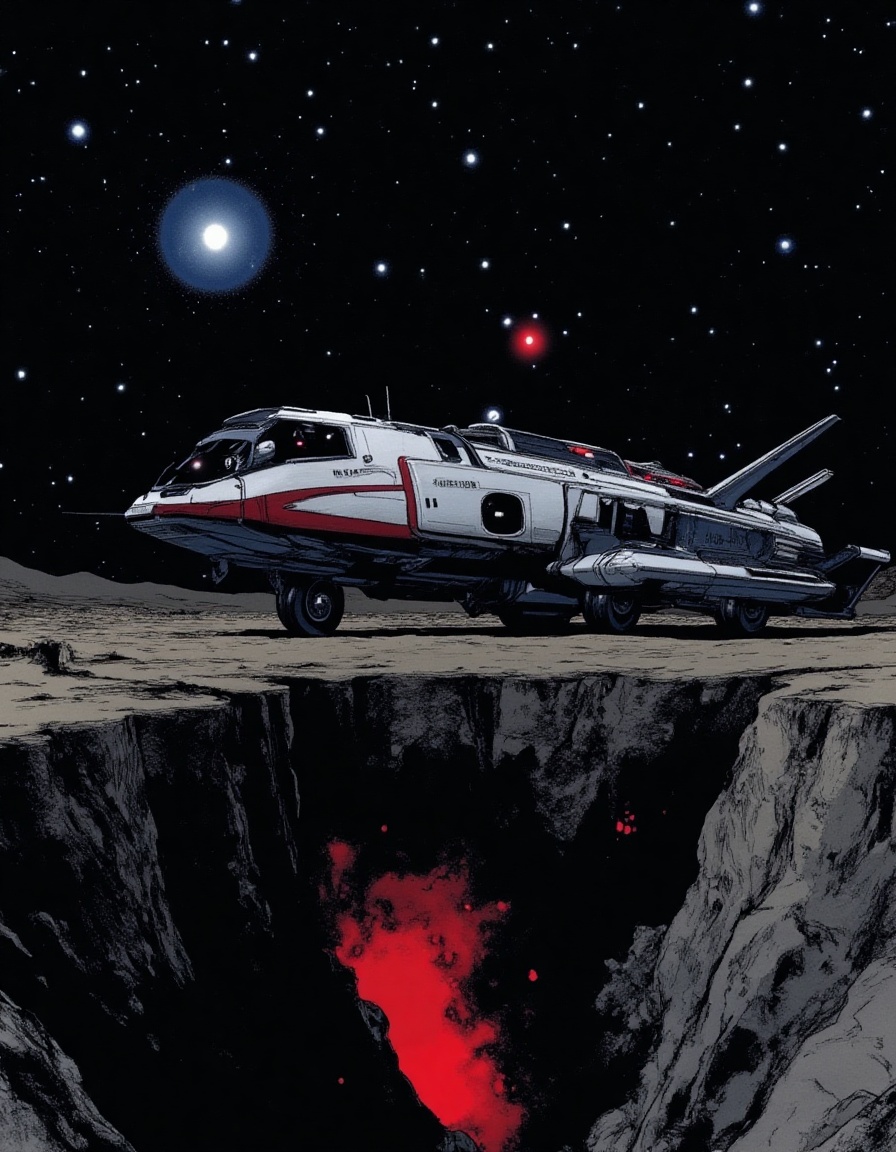 illustration of a sci-fi research-explorer peculiar futuristic vehicle on a flat plain barren land under stars and nebulae...