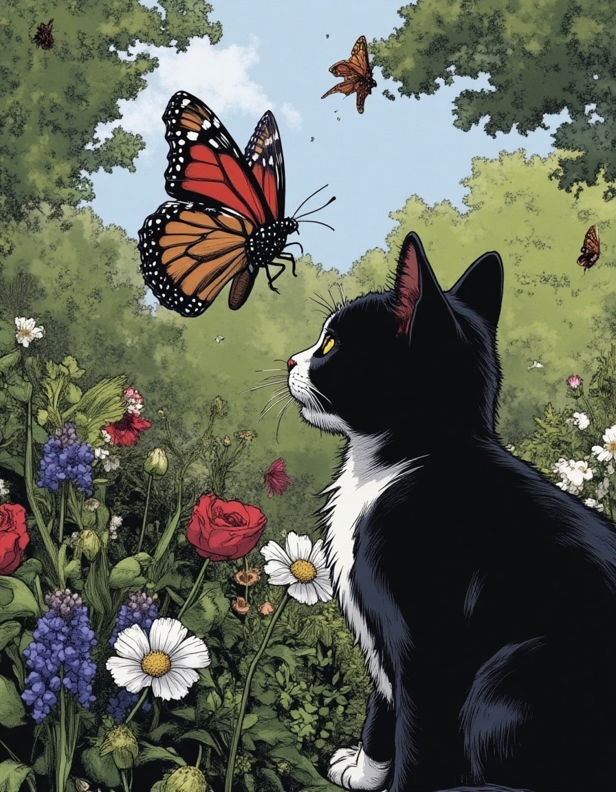 illustration of a cat mid-pounce towards a fluttering butterfly in a garden on Tensor.Art