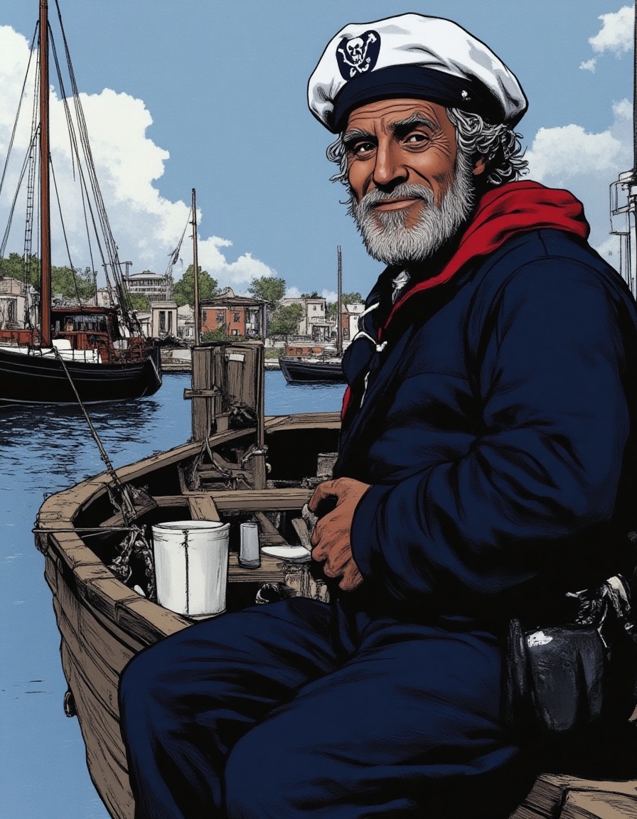 illustration of a cheerful old sailor on his rickety boat in harbor on Tensor.Art