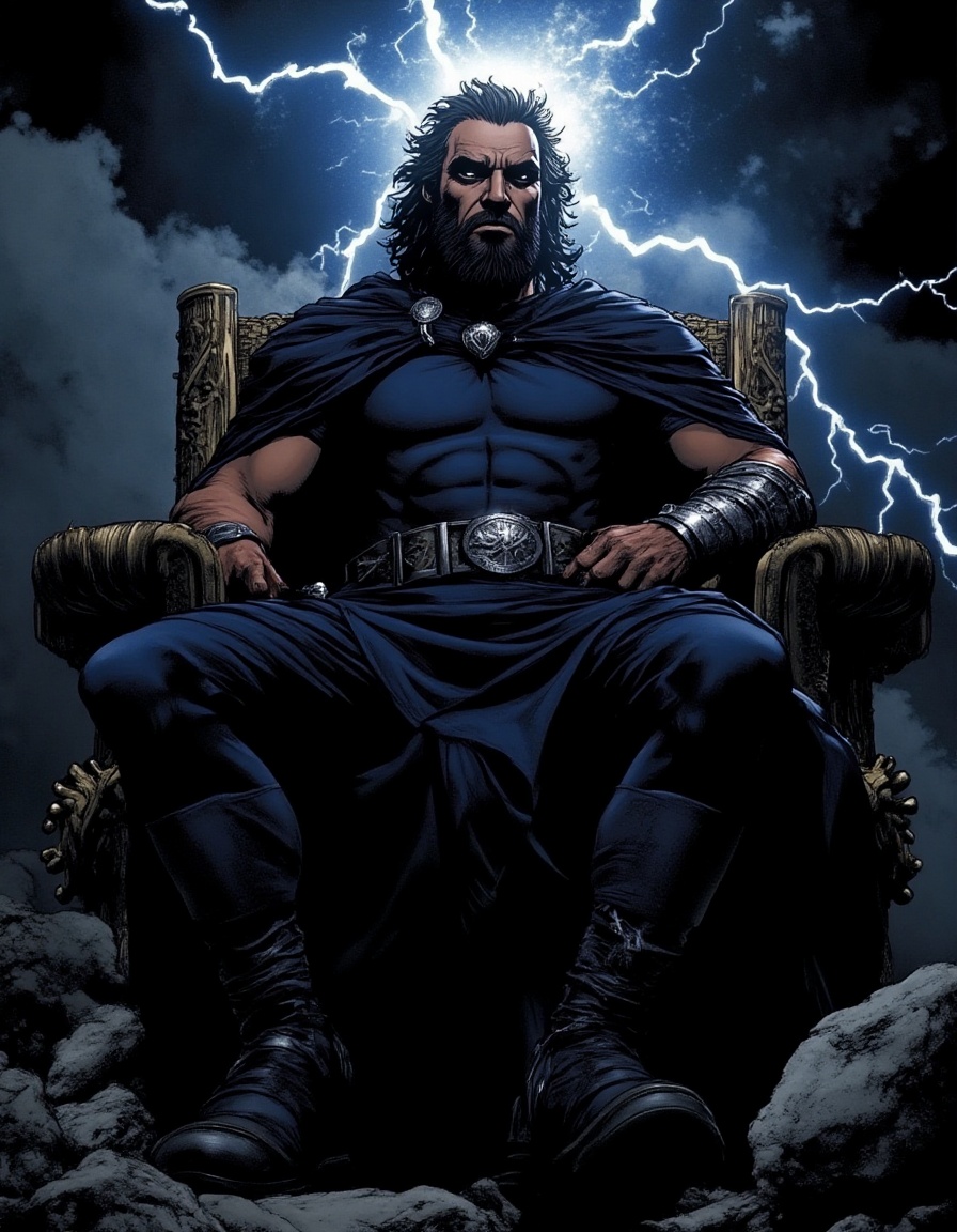 illustration of an ancient mythical god of thunder crackling lightning electricity closeup portrait massive scowling seate...