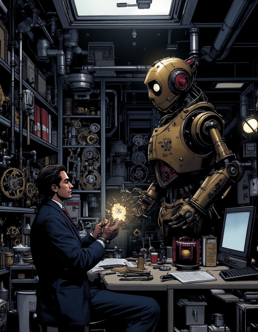 illustration of a steampunk workshop filled with intricate gears,  steam pipes,  and a lone inventor at work on a brass ro...