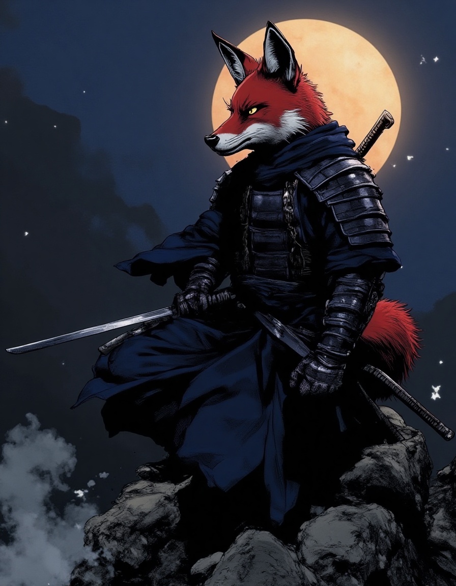 illustration of an anthropomorphized fox samurai warrior on a rocky ledge under a dramatic sky on Tensor.Art