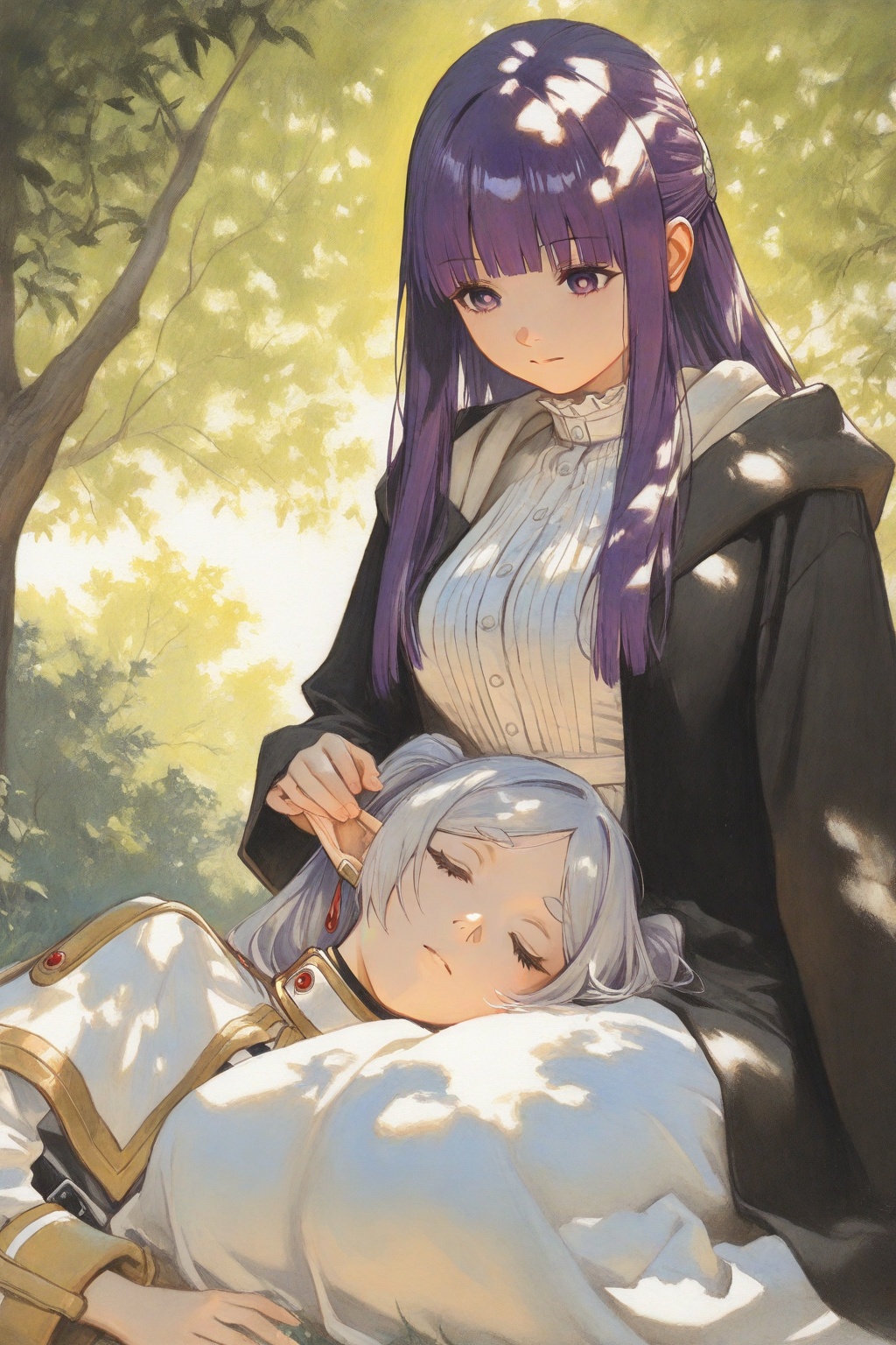 2girls,  fern \(sousou no frieren\),  lap pillow on Tensor.Art