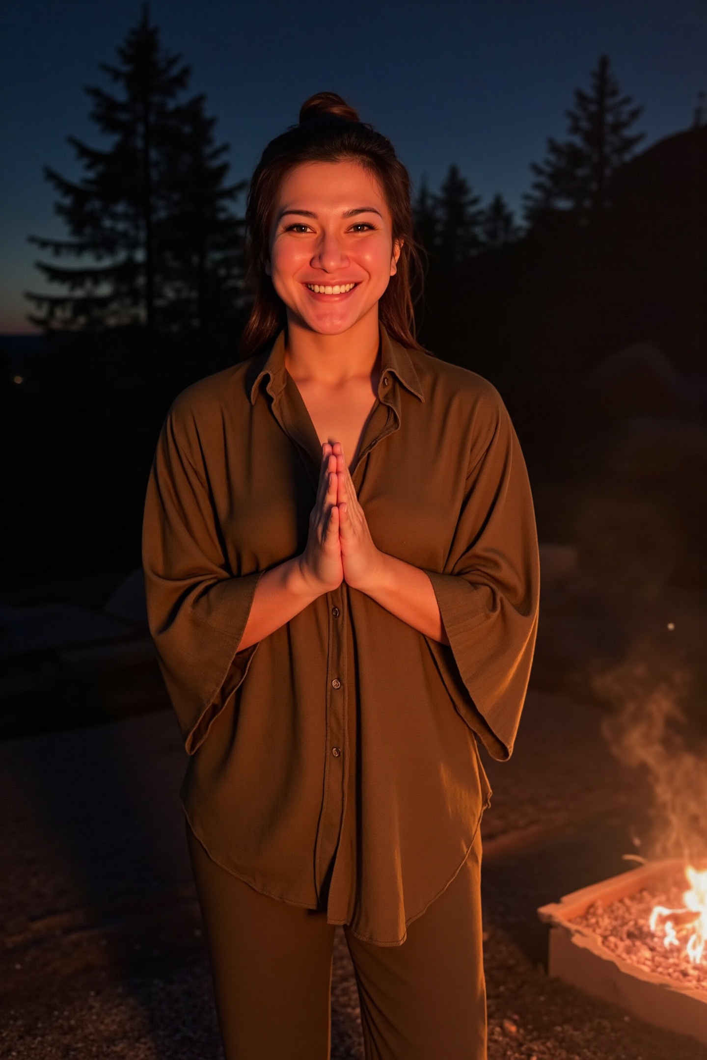 A loose close-up of a woman named D1t4 standing in front of a softly glowing campfire at dusk,  her hands raised slightly...