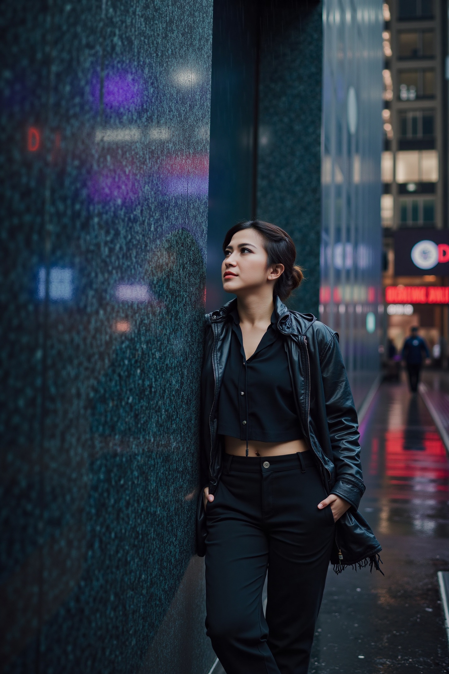 A woman named D1t4 leaning against a rain-slicked city wall at night,  holding an umbrella with one hand and her other han...