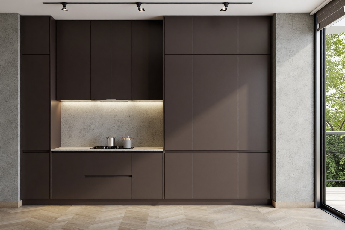 in dimly lighting,  A sleek,  modern condomidium interior features a sConcrete Honed countertop and Concrete Honed wall on...