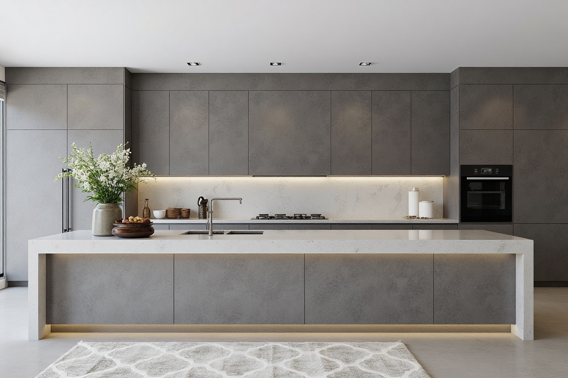 In this striking condominium interior,  a focal point is the stunning concrete honed wall that dominates the space. The ma...