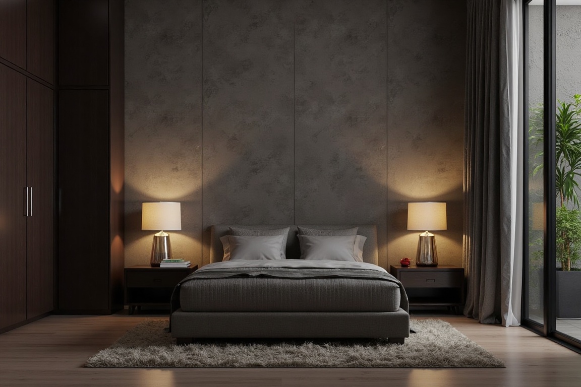 In this dimly lit condominium interior,  the sleek design is accentuated by the stunning Concrete Honed wall. The warm glo...