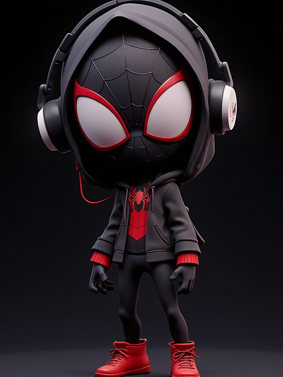 doll like character,  an animated Spider-Man wearing headphones and a hoodie,  standing against a dark background. He is w...