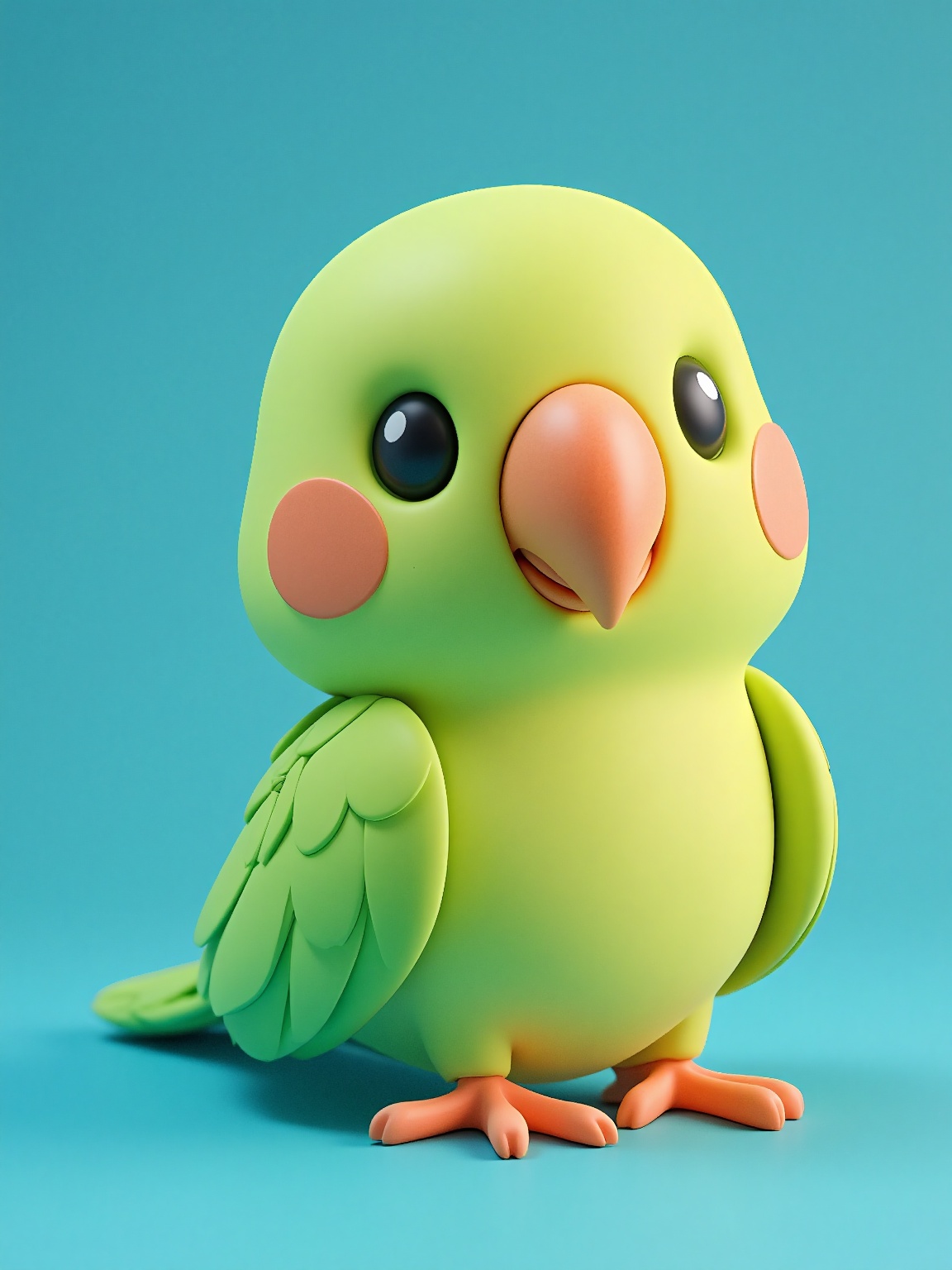 doll like character,  a small green parrot with a pink beak sitting on top of a blue surface. Its feathers are a vibrant g...