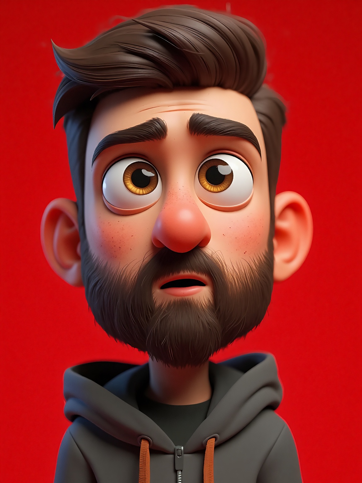 doll like character,  a man with a beard and a hoodie looking at the camera against a red background. He appears to be ani...