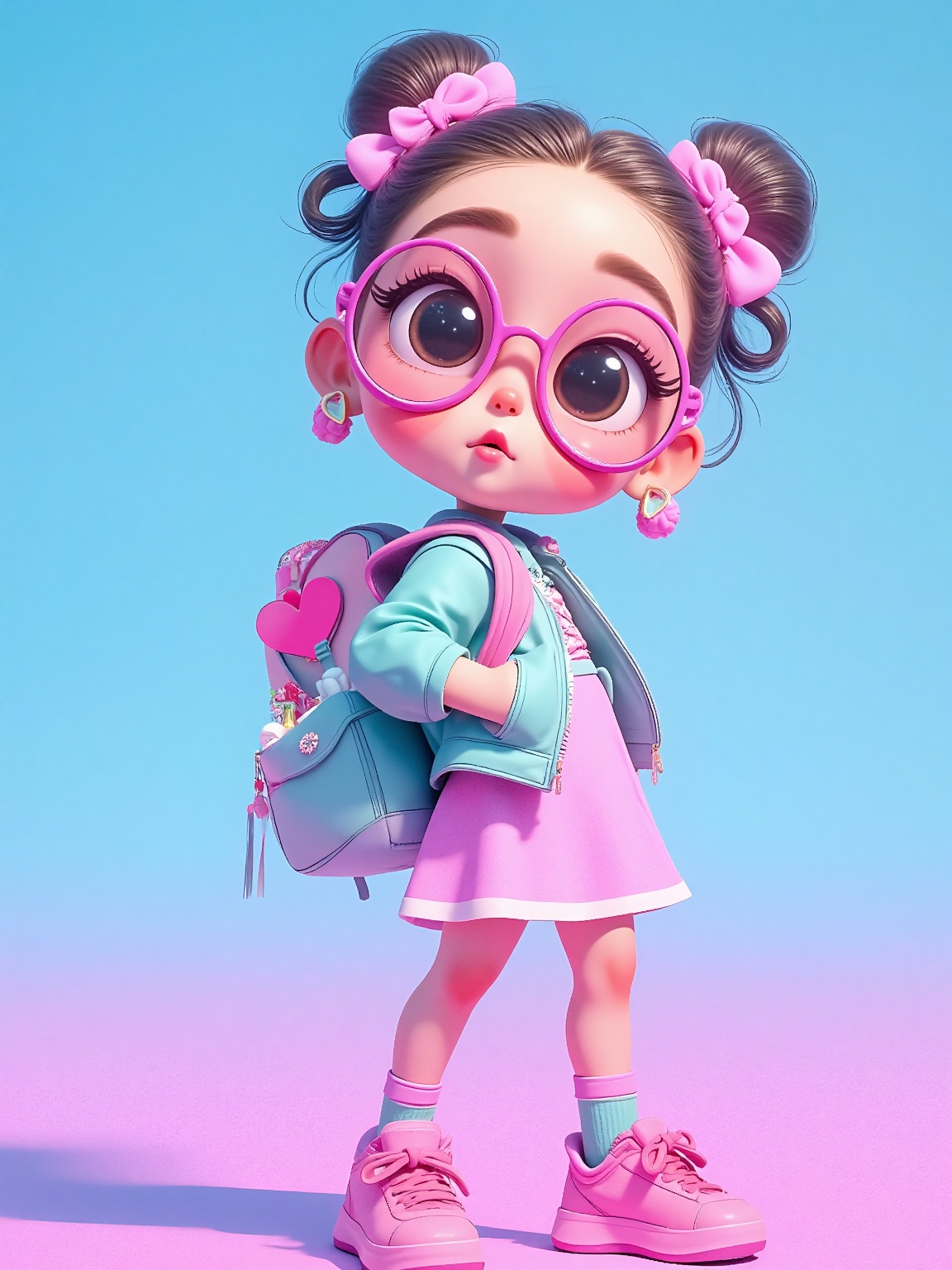 a girl in a pink and blue outfit with glasses and a backpack,  standing against a blue and pink background. She is wearing...
