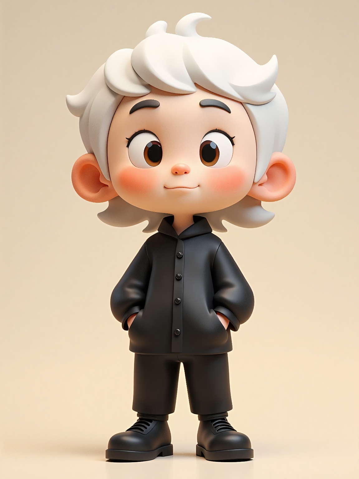 doll like character,  a cartoon character with white hair wearing a black shirt and black pants,  standing against a cream...