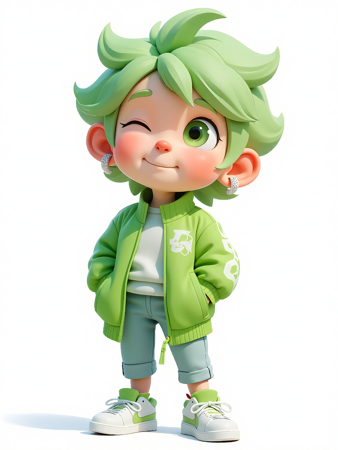 a young boy with green hair wearing a green jacket and white sneakers,  standing against a white background. He has a chee...