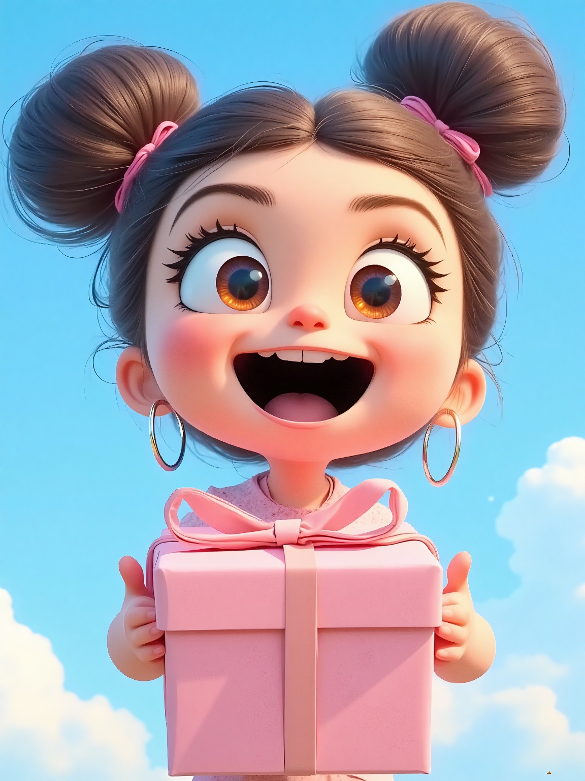 doll like character,  a little girl with a big smile on her face,  holding a gift box in her hands. She is wearing a pink...