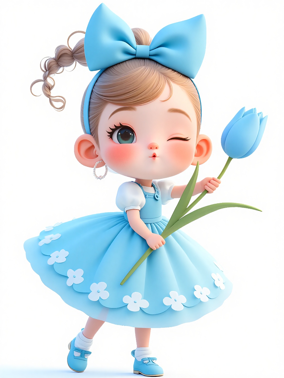 doll like character,  a cute little girl in a blue dress holding a blue tulip against a white background. She has a cheerf...