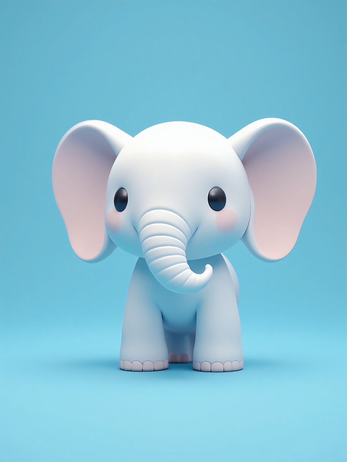 doll like character,  a small white baby elephant standing on top of a blue surface. It is an animated image,  giving the...